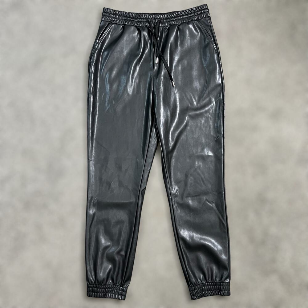Badgley Mischka Studio Faux Leather Jogger Medium Pants Black Edgy Drawstring